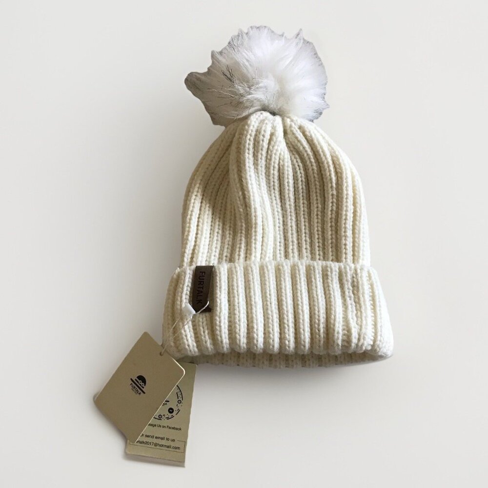 FURTALK Womens Winter Knitted Beanie Hat with Faux Fur‎ Pom Warm Knit White